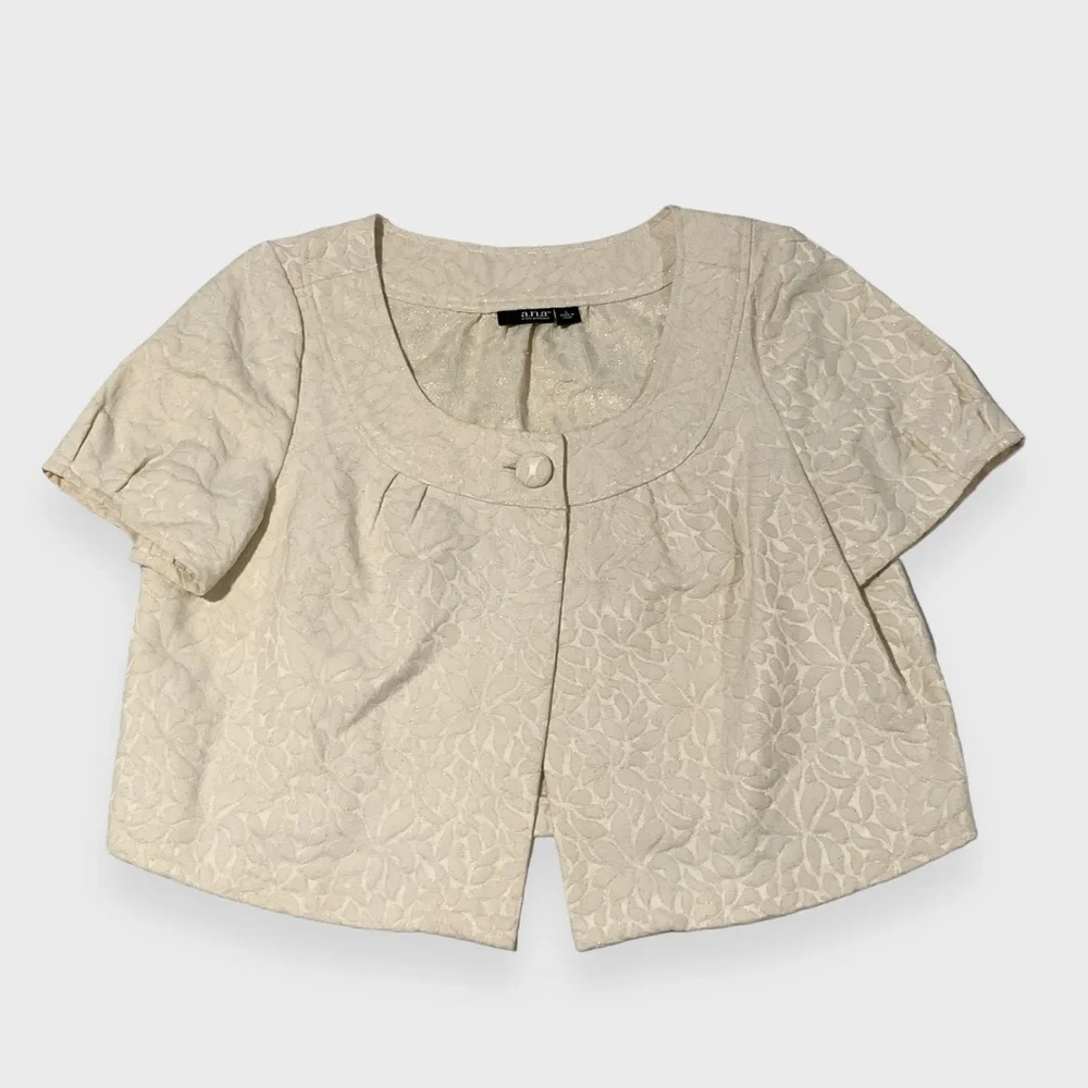 a.n.a Cropped Short Sleeve Jacket Womens Off White | Gold Thread | Size Large - Picture 1 of 10